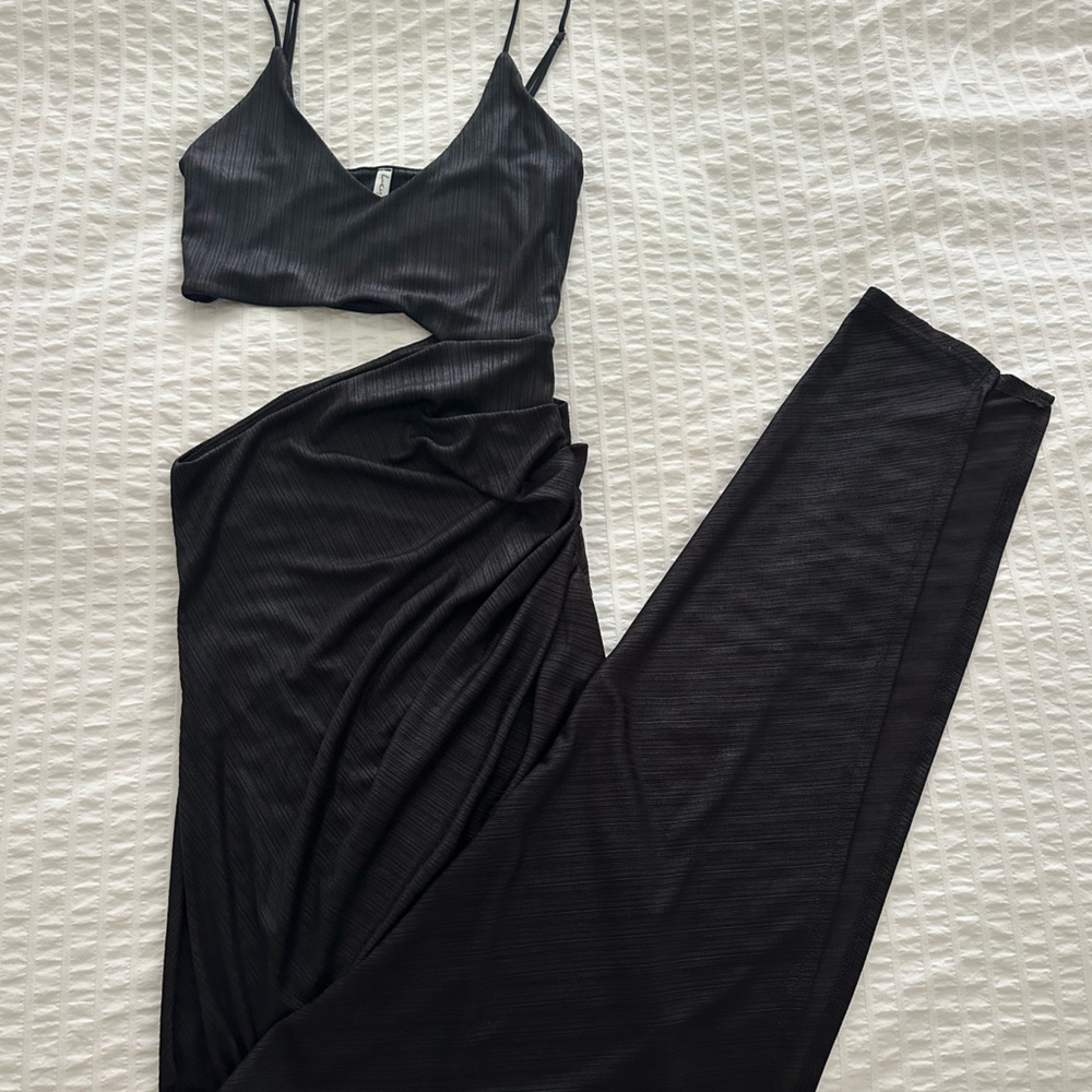 Lucy in the Sky Black Women's Glitter Cutout High Slit Maxi Dress in Black